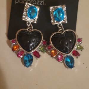 Paparazzi Silver Earrings with Black Heart and Multicolor Gems